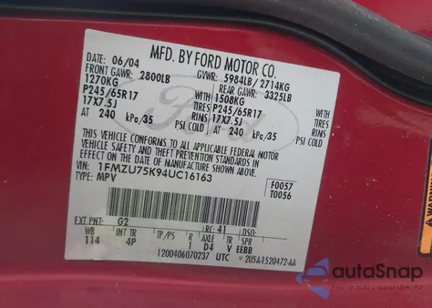 2004 Ford Explorer Limited from USA, damaged, VIN 1FMZU75K94UC16163